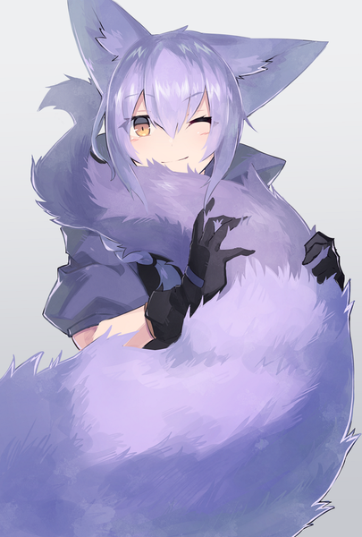 Anime picture 675x1000 with arknights provence (arknights) sasa onigiri single long hair tall image looking at viewer fringe simple background smile hair between eyes animal ears yellow eyes purple hair tail animal tail one eye closed wink grey background girl