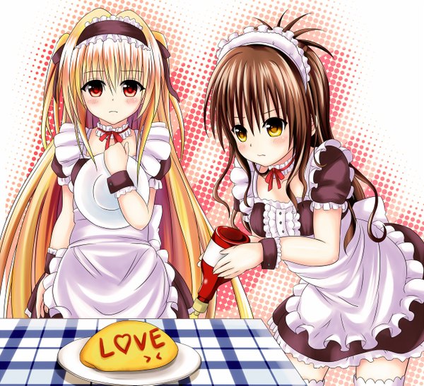 Anime picture 1300x1187 with toloveru toloveru darkness xebec konjiki no yami yuuki mikan xyomouse long hair blush blonde hair red eyes brown hair multiple girls yellow eyes very long hair maid hand on chest cooking girl thighhighs ribbon (ribbons)