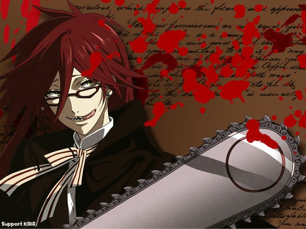 Anime picture 1024x768 with kuroshitsuji a-1 pictures grell sutcliff single long hair yellow eyes red hair inscription shinigami boy earrings glasses tongue bowtie chainsaw