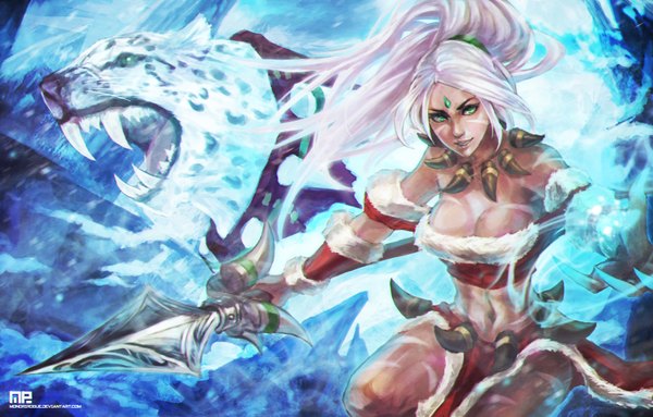 Anime picture 3505x2240 with league of legends nidalee (league of legends) monori rogue single long hair looking at viewer highres breasts light erotic green eyes absurdres white hair ponytail light smile eyebrows girl navel weapon animal necklace