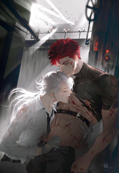 Anime picture 3174x4596 with original akanemir long hair tall image highres short hair red eyes absurdres silver hair outdoors red hair eyes closed multiple boys torn clothes light wet clothes expressionless shounen ai licking injury