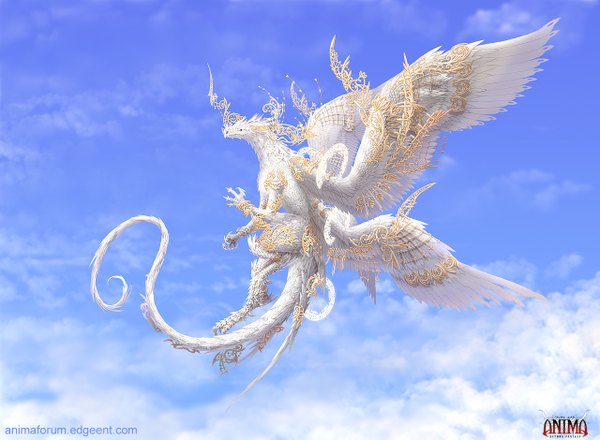 Anime picture 1280x939 with anima sky cloud (clouds) full body tail inscription copyright name no people animal wings feather (feathers) dragon creature