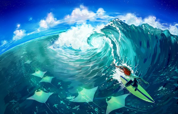 Anime picture 1500x960 with yuumei single long hair signed sky cloud (clouds) red hair surfing girl water sea fish (fishes) wave (waves) surfboard stingray