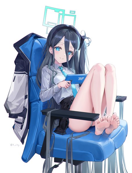 Anime picture 1687x2217 with blue archive aris (blue archive) rity single tall image looking at viewer fringe blue eyes light erotic black hair simple background smile hair between eyes white background sitting signed full body very long hair barefoot bare legs