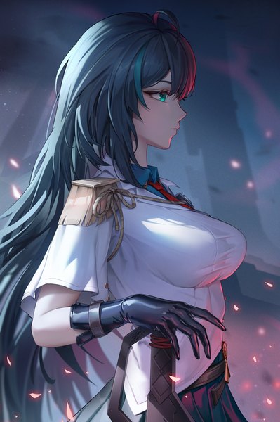 Anime picture 1033x1554 with tower of fantasy lin (tower of fantasy) stormstx single long hair tall image fringe breasts black hair large breasts green eyes looking away upper body ahoge profile multicolored hair arm support short sleeves streaked hair girl