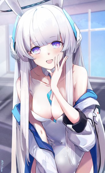 Anime picture 1200x1973 with blue archive noa (blue archive) kie (yospcd) single long hair tall image looking at viewer fringe breasts open mouth light erotic large breasts purple eyes animal ears silver hair :d open jacket leaning bunny ears leaning forward