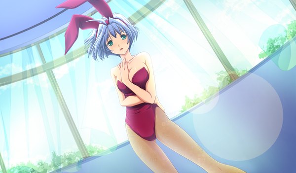Anime picture 1024x600 with akikaze personal (game) tagme (character) short hair light erotic wide image green eyes blue hair game cg bunny ears girl bunnysuit