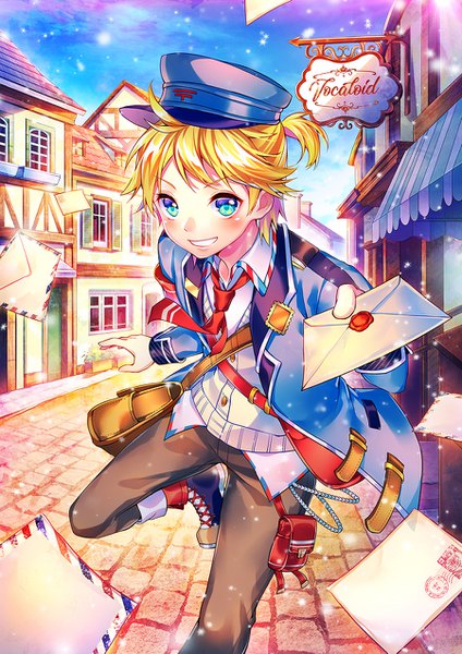 Anime picture 900x1273 with vocaloid kagamine len p@nda single tall image looking at viewer blush short hair blue eyes blonde hair smile sky ahoge outdoors ponytail open jacket copyright name outstretched hand street boy