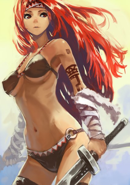 Anime picture 2480x3508 with original okuto single long hair tall image highres breasts light erotic red eyes standing bare shoulders holding looking away sky cleavage outdoors red hair parted lips underboob dual wielding