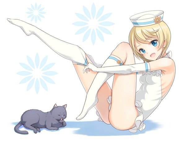 Anime picture 1000x767 with original k do looking at viewer blush short hair open mouth blue eyes light erotic blonde hair legs girl gloves hat animal socks elbow gloves white socks cat