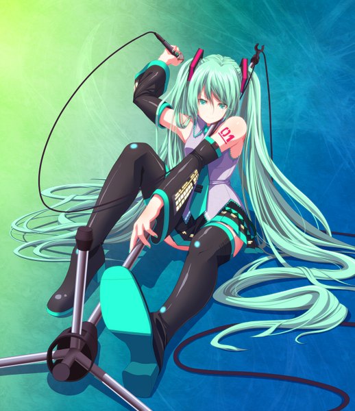 Anime picture 1426x1650 with vocaloid hatsune miku tsukumo long hair tall image simple background twintails green eyes very long hair green hair girl thighhighs detached sleeves necktie microphone