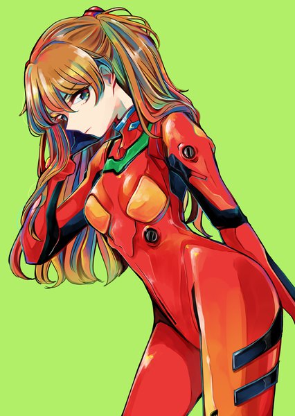 Anime picture 4400x6200 with neon genesis evangelion gainax soryu asuka langley richard (ri39p) single long hair tall image looking at viewer fringe highres blue eyes simple background hair between eyes standing absurdres orange hair two side up green background girl bodysuit