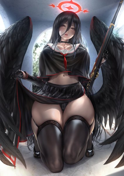 Anime picture 5303x7500 with blue archive hasumi (blue archive) lexaiduer single long hair tall image looking at viewer fringe highres breasts light erotic black hair hair between eyes red eyes holding absurdres full body bent knee (knees) parted lips head tilt