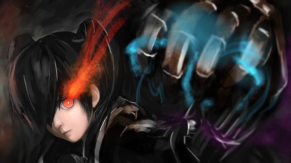 イラスト 1920x1080 と ブラック★ロックシューター insane black rock shooter aki99 ソロ 長髪 前髪 highres 黒髪 赤い目 wide image ツインテール 片目隠れ outstretched arm turning head glowing dark background glowing eye (eyes) pale skin 女の子 拳