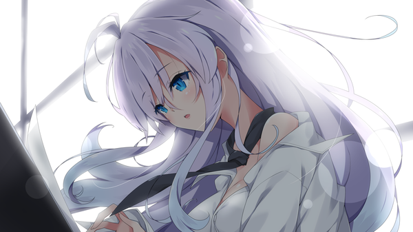 Anime picture 1920x1080 with original fuyou-chan milkpanda single long hair fringe highres breasts open mouth blue eyes hair between eyes wide image large breasts payot cleavage silver hair ahoge upper body very long hair long sleeves