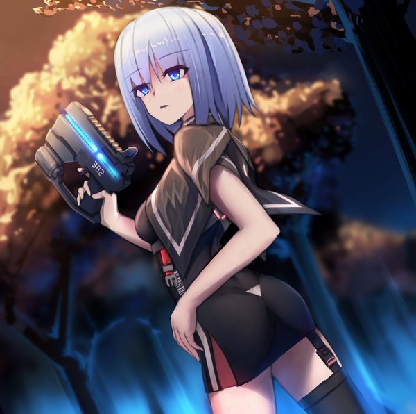 Anime picture 1418x1410 with original aoi kao (lsz7106) single looking at viewer fringe short hair breasts open mouth blue eyes standing holding blue hair outdoors ass night hand on hip glow autumn glowing weapon girl