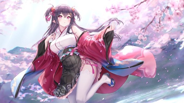 Anime picture 2500x1406 with original kachayori single long hair looking at viewer fringe highres hair between eyes wide image standing bare shoulders payot purple hair bent knee (knees) outdoors braid (braids) traditional clothes japanese clothes pointy ears off shoulder