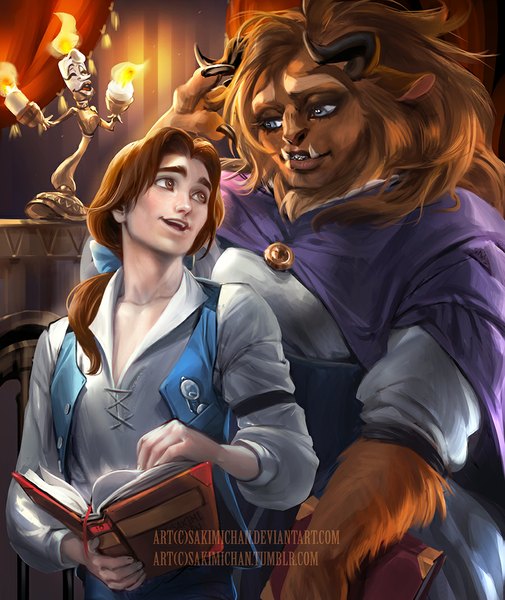 Anime picture 900x1069 with beauty and the beast disney belle (beauty and the beast) sakimichan long hair tall image open mouth blue eyes brown hair holding brown eyes looking back horn (horns) realistic teeth fang (fangs) couple open collar genderswap monster girl