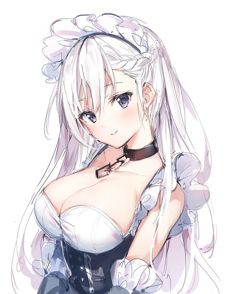 Anime picture 1608x2048 with azur lane belfast (azur lane) umibouzu (niito) single long hair tall image looking at viewer blush fringe breasts light erotic simple background smile hair between eyes large breasts white background purple eyes cleavage upper body white hair