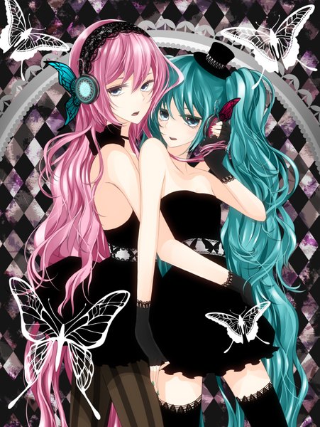 Anime picture 2418x3212 with vocaloid magnet (vocaloid) hatsune miku megurine luka long hair tall image highres blue eyes twintails multiple girls green eyes pink hair green hair hug girl thighhighs dress gloves black thighhighs 2 girls