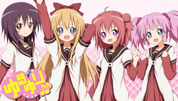 Anime picture 1400x800 with yuru yuri doga kobo toshinou kyouko akaza akari yoshikawa chinatsu funami yui karamoneeze long hair blush short hair open mouth blue eyes black hair blonde hair wide image purple eyes multiple girls brown eyes pink hair red hair