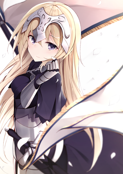 Anime picture 566x800 with fate (series) fate/apocrypha jeanne d'arc (fate) (all) jeanne d'arc (fate) netarou single long hair tall image looking at viewer blush fringe simple background blonde hair hair between eyes white background purple eyes holding light smile depth of field adjusting hair