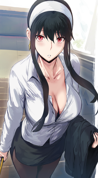 Anime picture 1550x2791 with spy x family yor briar hews single long hair tall image looking at viewer blush fringe breasts light erotic black hair hair between eyes red eyes large breasts standing holding payot indoors parted lips