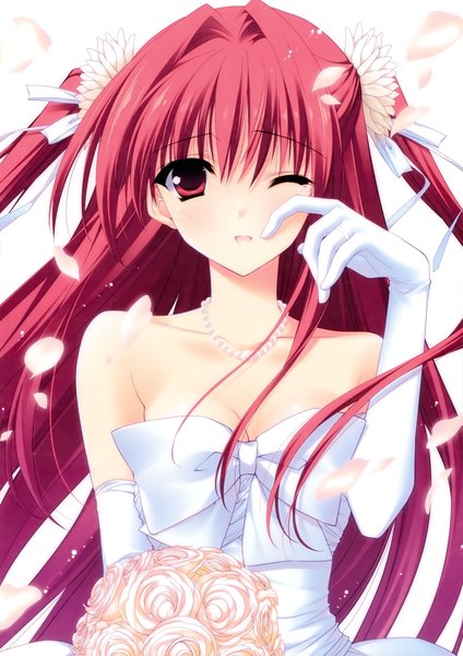 Anime picture 2120x3000 with r.g.b! shiki asahi suzuhira hiro single long hair tall image highres red eyes red hair one eye closed wink scan two side up girl dress gloves flower (flowers) petals elbow gloves wedding dress
