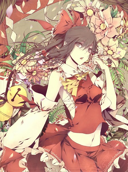 Anime picture 800x1070 with touhou hakurei reimu nai kitsu (artist) single long hair tall image open mouth brown hair bare shoulders brown eyes traditional clothes miko girl skirt flower (flowers) bow plant (plants) hair bow detached sleeves petals
