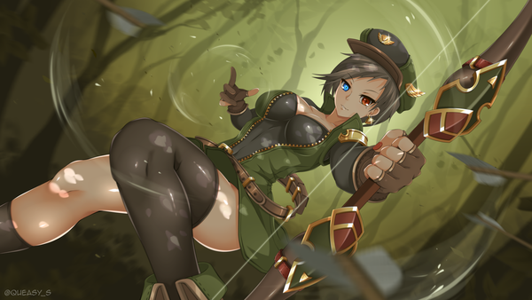 Anime picture 1920x1080 with maplestory maplestory 2 archer (maplestory 2) queasy s single looking at viewer fringe highres short hair blue eyes light erotic black hair smile red eyes wide image holding signed cleavage nail polish mole