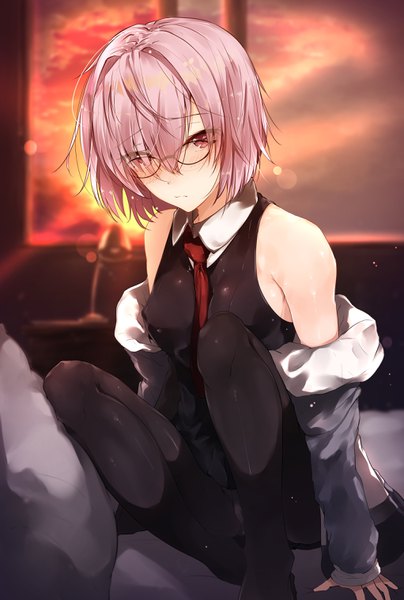 Anime picture 2042x3035 with fate (series) fate/grand order mash kyrielight hplay (kyoshinou) single tall image looking at viewer blush fringe highres short hair breasts light erotic sitting bare shoulders pink hair indoors long sleeves pink eyes blurry