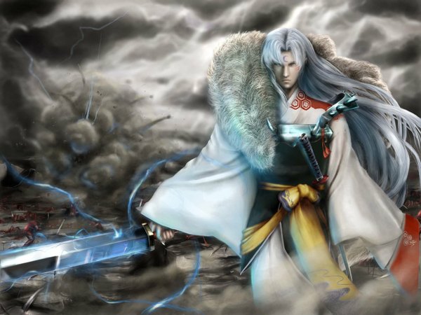 Anime picture 1280x960 with inuyasha sesshomaru single long hair looking at viewer standing holding silver hair traditional clothes japanese clothes wind realistic facial mark lightning boy weapon sword kimono katana fur