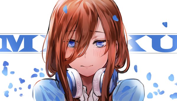 Anime picture 2600x1498 with go-toubun no hanayome nakano miku snowru single long hair looking at viewer blush fringe highres blue eyes simple background hair between eyes brown hair wide image white background character names portrait headphones around neck girl petals