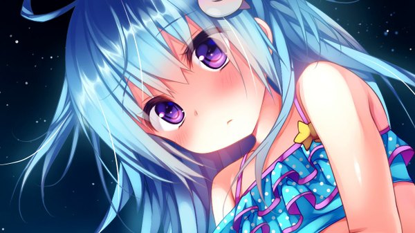 Anime picture 1280x720 with shirogane x spirits! giga nakano mei kino (kino konomi) long hair looking at viewer blush fringe wide image purple eyes blue hair game cg ahoge night from below night sky girl hair ornament swimsuit