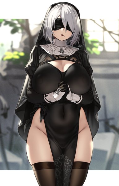 Anime picture 1600x2500 with nier nier:automata yorha no. 2 type b houtengeki single tall image fringe short hair breasts light erotic large breasts standing cleavage silver hair mole alternate costume groin covered navel mole under mouth hands clasped