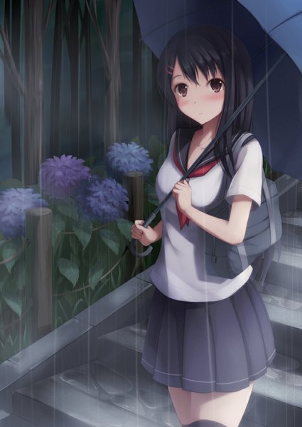 Anime picture 724x1023 with original nicoby single long hair tall image looking at viewer blush black hair brown eyes rain girl skirt uniform flower (flowers) serafuku umbrella school bag hydrangea