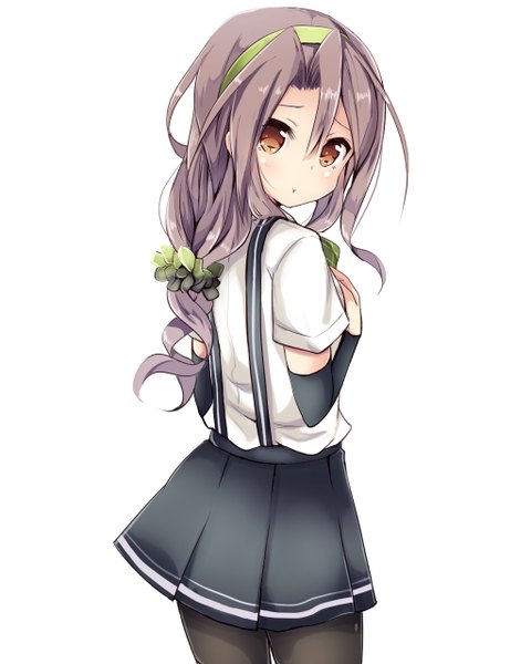 Anime picture 1024x1280 with kantai collection zuihou light aircraft carrier amano kouki single long hair tall image looking at viewer blush brown hair standing brown eyes parted lips pleated skirt looking back hand on chest girl skirt pantyhose headband scrunchie