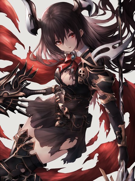 Anime picture 1000x1341 with shingeki no bahamut forte (shingeki no bahamut) snm (sunimi) single long hair tall image looking at viewer fringe breasts black hair hair between eyes red eyes holding cleavage head tilt horn (horns) grey background torn clothes girl skirt