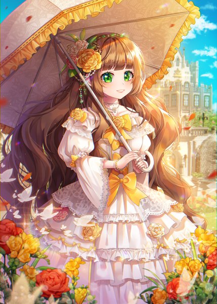 Anime picture 2500x3495 with original hayun single tall image looking at viewer blush fringe highres smile brown hair standing holding green eyes payot sky cloud (clouds) outdoors blunt bangs very long hair parted lips