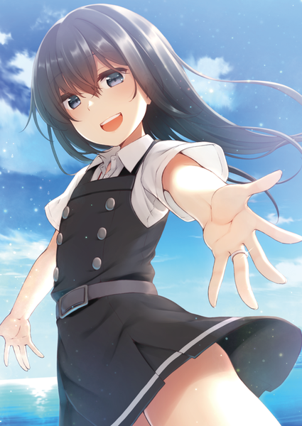 Anime picture 750x1059 with kantai collection asashio destroyer nagami yuu single long hair tall image looking at viewer fringe open mouth light erotic black hair smile hair between eyes standing payot sky cloud (clouds) outdoors head tilt :d