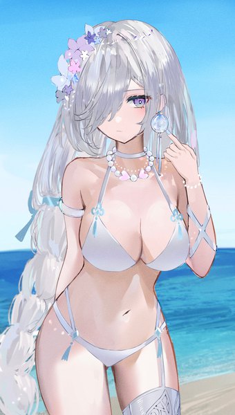 Anime picture 1536x2710 with genshin impact shenhe (genshin impact) raiya atelier single long hair tall image looking at viewer fringe breasts light erotic large breasts standing purple eyes sky cleavage silver hair outdoors very long hair hair flower hair over one eye
