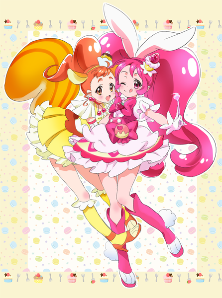 Anime picture 743x1000 with precure kirakira precure a la mode toei animation usami ichika cure whip arisugawa himari cure custard zooya long hair tall image looking at viewer blush fringe open mouth smile standing twintails multiple girls holding animal ears