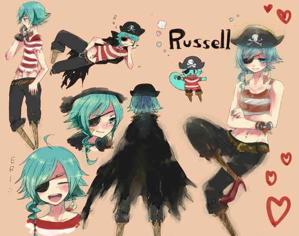 Anime picture 1500x1187 with happy tree friends russell (htf) blush short hair open mouth simple background smile sitting ahoge nail polish profile aqua eyes aqua hair inscription torn clothes back reclining multiple persona personification skull and crossbones