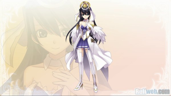 Anime picture 1280x720 with ar tonelico cross edge ar tonelico ii gust (company) misha arsellec lune chroche latel pastalie hirano katsuyuki single long hair looking at viewer fringe breasts black hair smile hair between eyes wide image large breasts standing bare shoulders green eyes