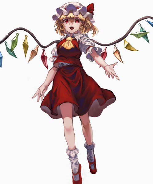 Anime picture 1897x2283 with touhou flandre scarlet yanyan (shinken gomi) single tall image looking at viewer fringe highres short hair open mouth simple background blonde hair hair between eyes red eyes white background full body one side up girl skirt hat