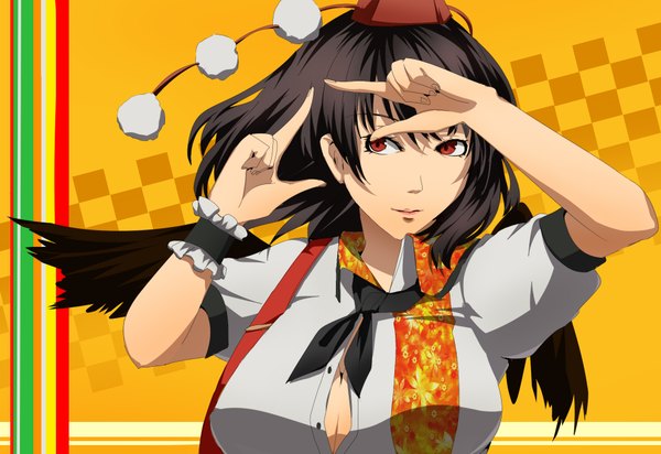 Anime picture 1935x1331 with touhou shameimaru aya umakatsuhai single long hair highres black hair red eyes girl hat wings tokin hat