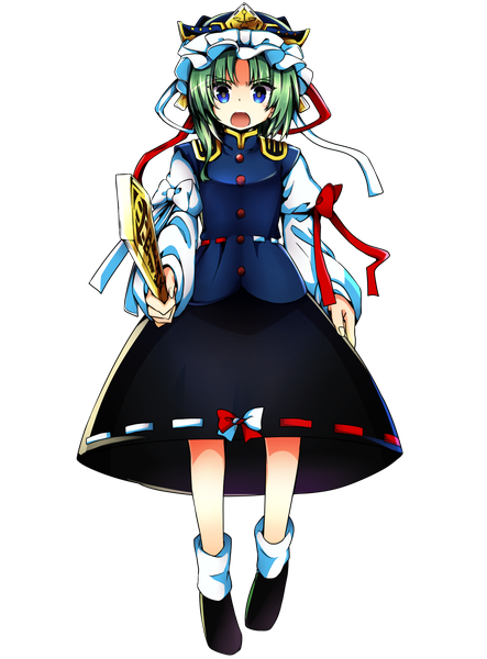 Anime picture 2639x3572 with touhou shikieiki yamaxanadu baba (baba seimaijo) single tall image looking at viewer highres short hair open mouth blue eyes full body long sleeves green hair puffy sleeves transparent background girl skirt ribbon (ribbons) hat socks