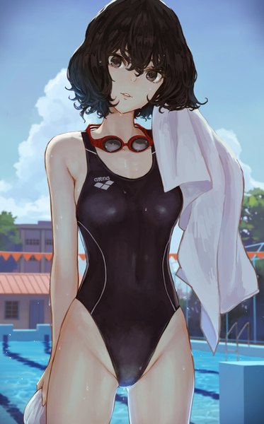 Anime picture 747x1200 with original arena (company) kaoming single tall image looking at viewer fringe short hair light erotic black hair hair between eyes standing sky cloud (clouds) outdoors parted lips head tilt black eyes wet poolside