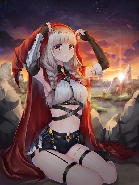 Anime picture 750x1000 with original minari (lmina09) single long hair tall image looking at viewer blush fringe red eyes sitting silver hair cloud (clouds) outdoors blunt bangs braid (braids) night arms up midriff night sky twin braids