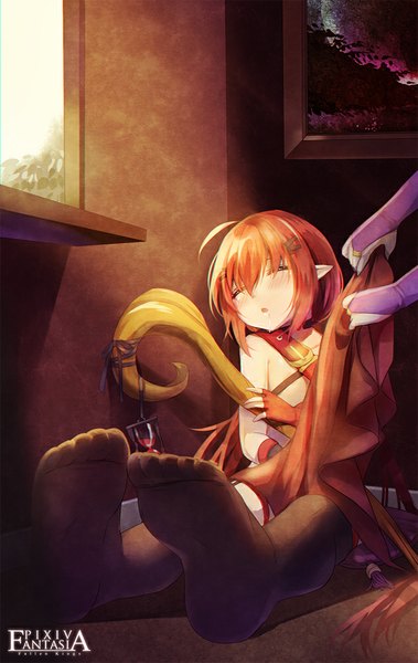 Anime picture 632x1000 with original pixiv fantasia pixiv fantasia fallen kings mvv long hair tall image blush open mouth eyes closed pointy ears orange hair legs sleeping girl thighhighs black thighhighs window staff